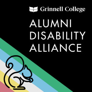 Alumni Disability Alliance logo with disability pride flag overlaid with squirrel